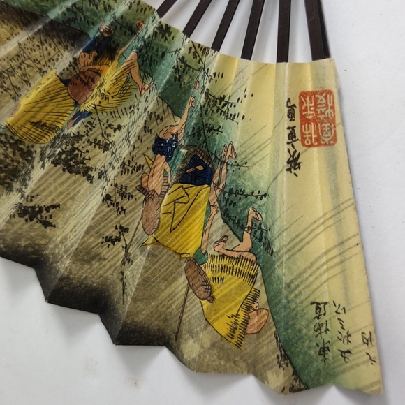 Vintage Folding Paper Wooden Fan Authentic Miniature 1940's Asian WaterMark Sign - Picture 5 of 7